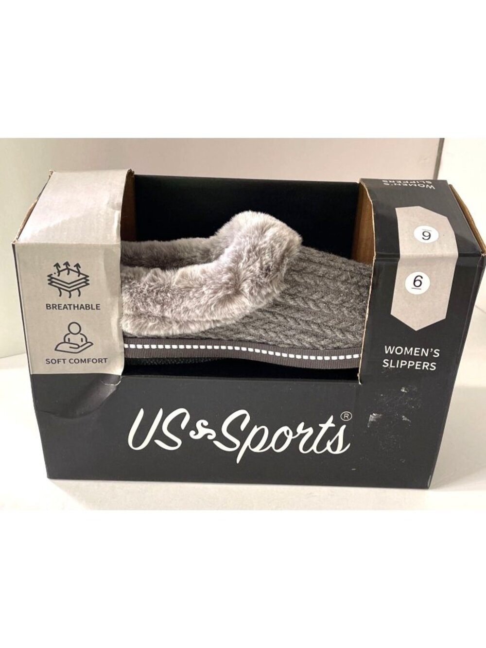 NIB US Sports Cable Knit Faux Fur Mule Slippers Gray Women Size 6